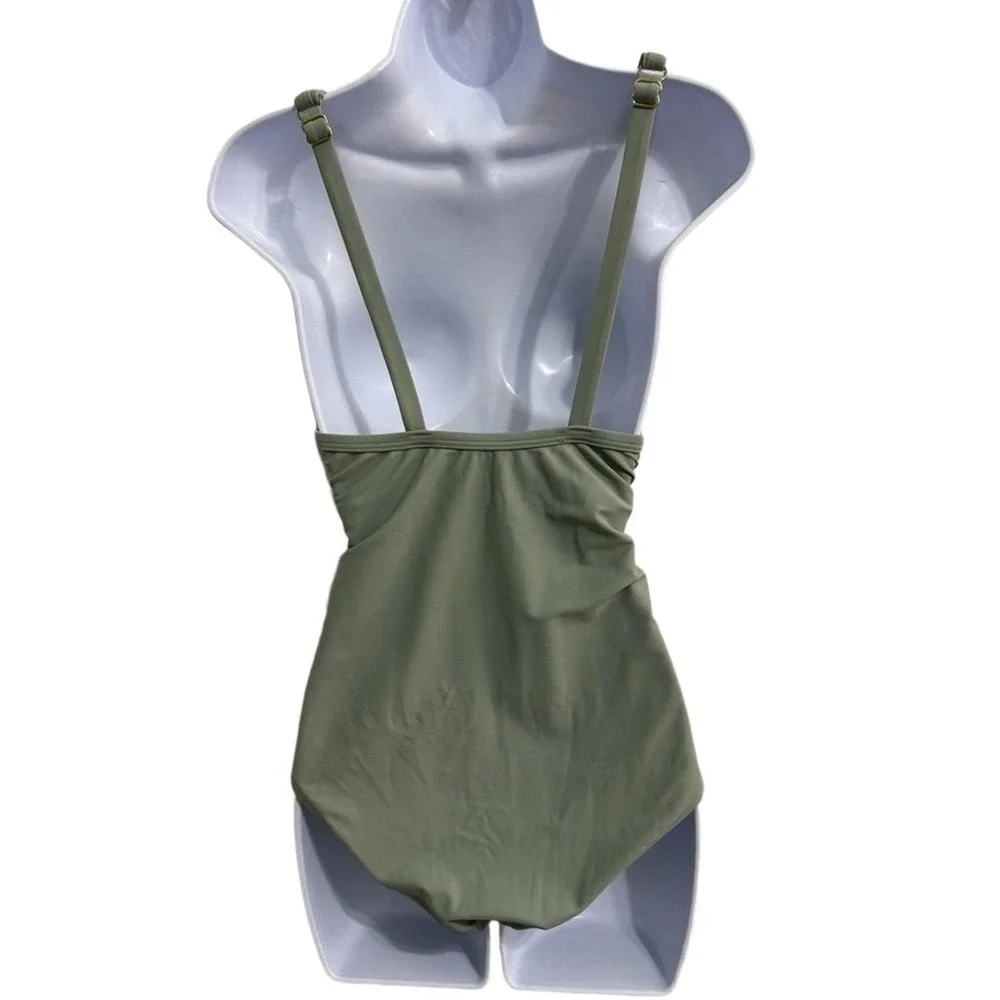 Kona Sol Swimsuit Womens 16 Onepiece Olive Green‎ Ruched Sides V neck Low Back